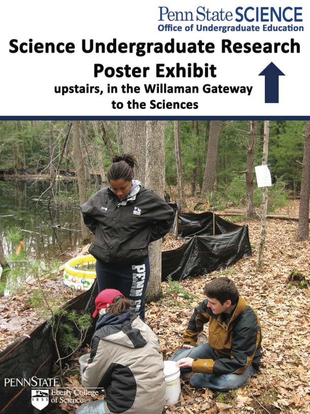 Signage directing students to the poster exhibit, and featuring Lindsey Swierk and ** and ** (undergraduate researcher lab alum)